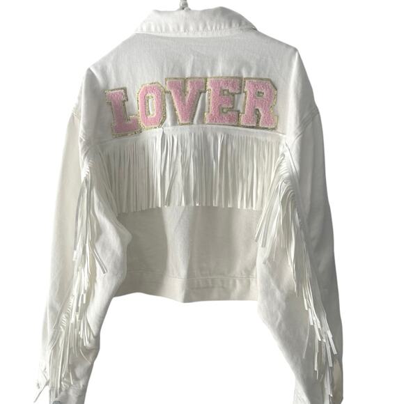 Custom white denim Jean jacket “LOVER” ironed on back SzL fresh cute look - Picture 1 of 4